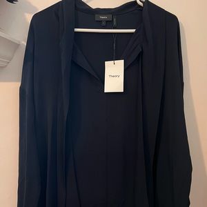 Theory Women’s size Large Scarf Shirt Deep Navy 100%Silk New With Tags